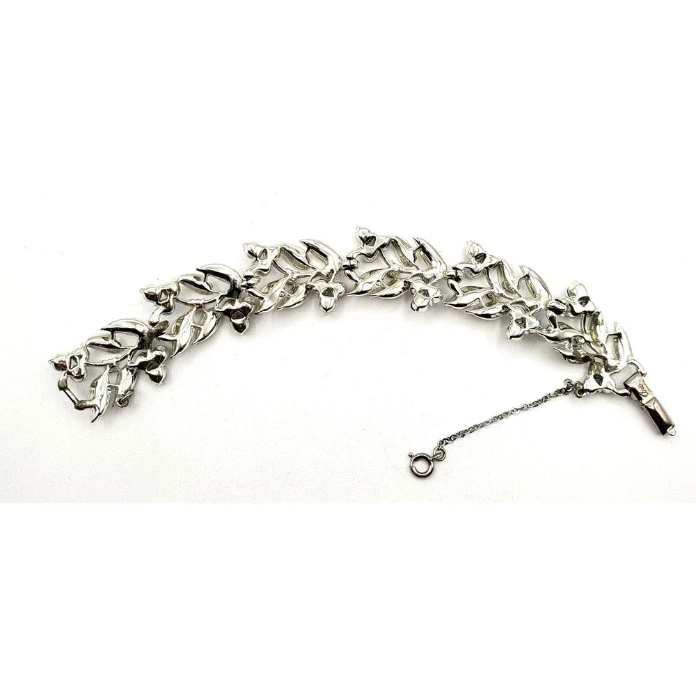 Vintage Coro Blue Rhinestone Bracelet Leaf Berry Safety Chain 7